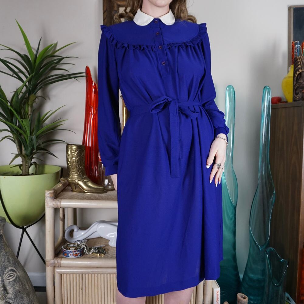 Vintage 80s purple long sleeve blouse midi dress peter pan collar S